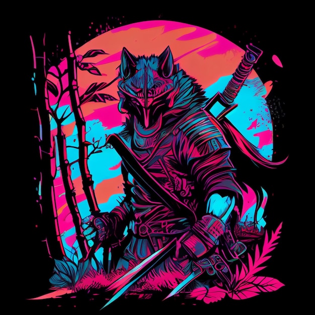 Foto una colorida ilustración de un lobo con una espada en la mano.