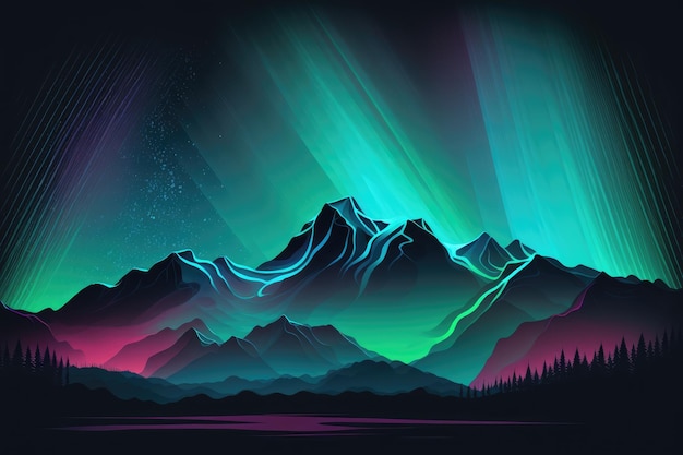Una colorida ilustración de montañas con la aurora boreal sobre ellas.