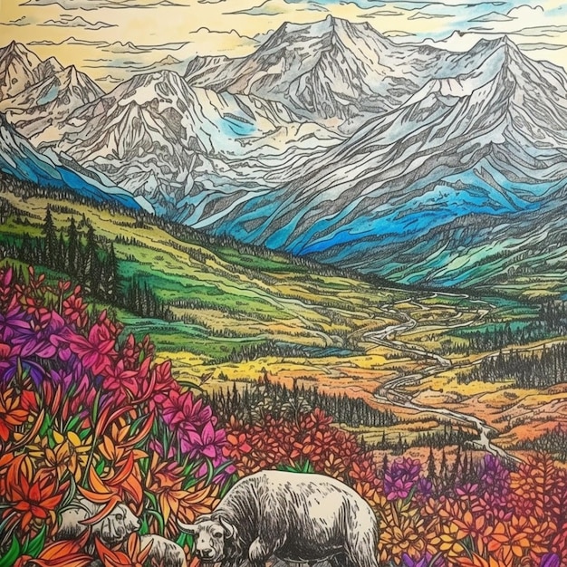 Una colorida ilustración de montañas y un paisaje montañoso con una montaña y un alce.