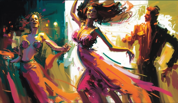 Una colorida ilustración de una mujer bailando con un vestido naranja brillante.