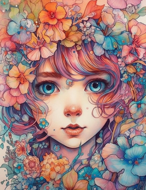 Una colorida ilustración de una mujer con flores en la cara