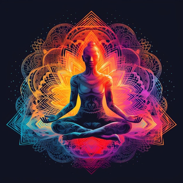 Foto una colorida ilustración de una mujer meditando en posición de loto.