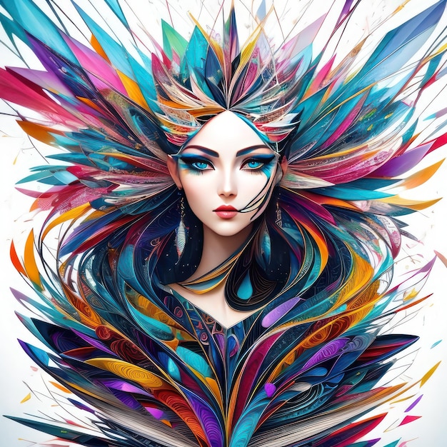 Una colorida ilustración de una mujer con plumas en la cabeza.
