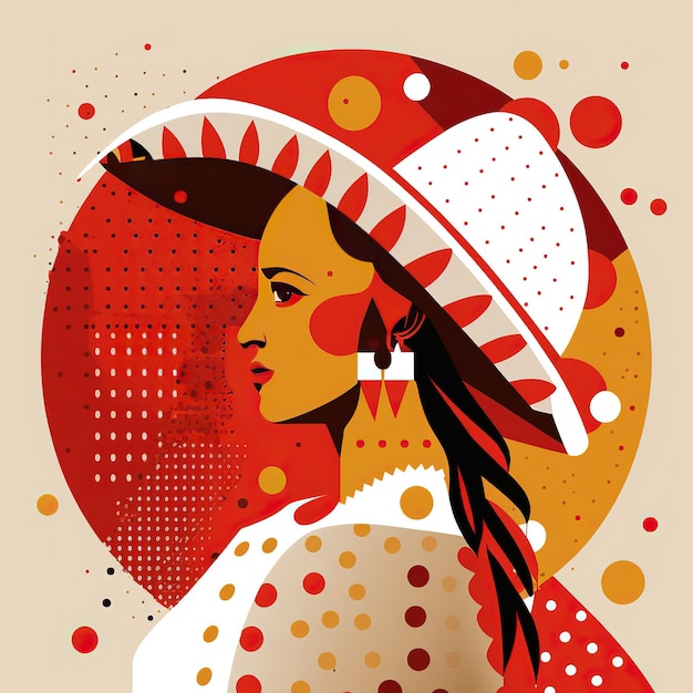 Una colorida ilustración de una mujer con trenzas y un sombrero.