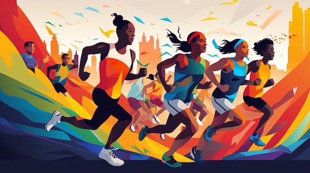 una colorida ilustración de mujeres corriendo en un maratón.