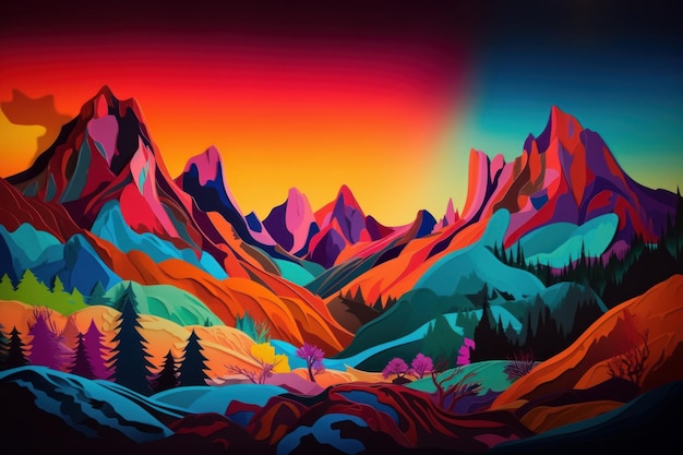 Una colorida ilustración de un paisaje montañoso con un bosque y montañas al fondo.