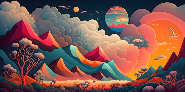 Una colorida ilustración de un paisaje montañoso con un cielo nublado y una luna.