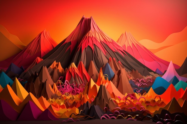 Una colorida ilustración de un paisaje montañoso con una montaña al fondo.