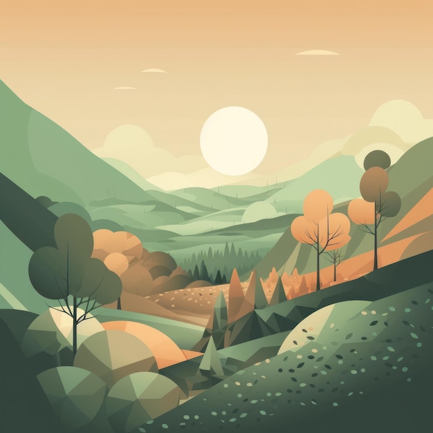 Una colorida ilustración de un paisaje montañoso con una puesta de sol y un bosque al fondo.