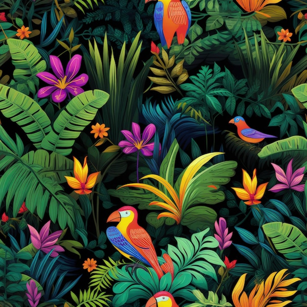 Una colorida ilustración de pájaros en la selva.
