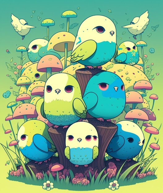 Una colorida ilustración de pájaros en el tocón de un árbol.