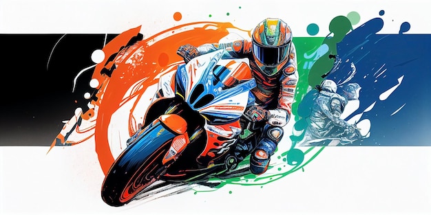 Foto una colorida ilustración de un piloto de motos con la palabra moto en el lateral.
