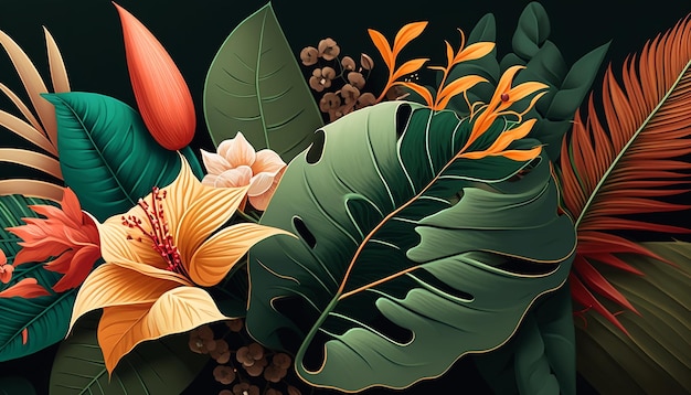 Una colorida ilustración de plantas y flores tropicales.