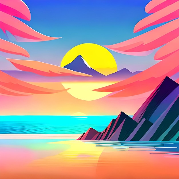 Una colorida ilustración de una playa con montañas al fondo.