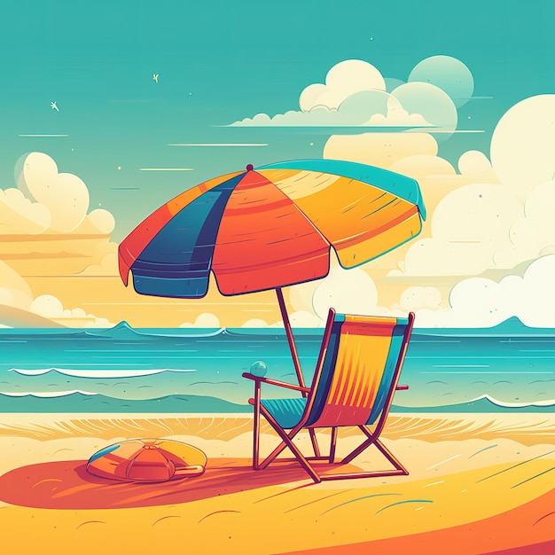 Una colorida ilustración de una playa con una sombrilla y una silla.