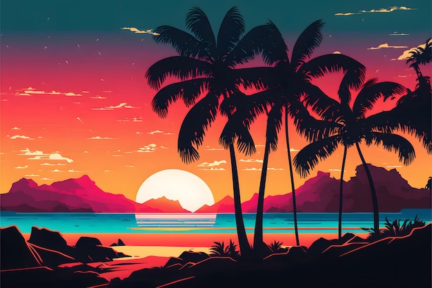 Una colorida ilustración de una playa tropical con palmeras y montañas al fondo.