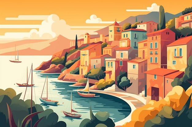 Una colorida ilustración de un pueblo con un bote en el agua.