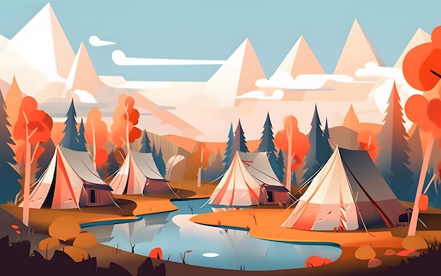 Una colorida ilustración de un pueblo de carpas con montañas al fondo.