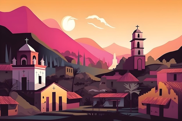 Una colorida ilustración de un pueblo sudamericano con una iglesia al fondo