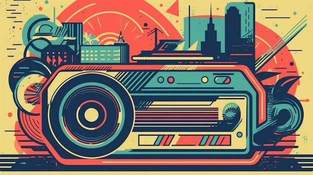 Una colorida ilustración de una radio con una ciudad al fondo.