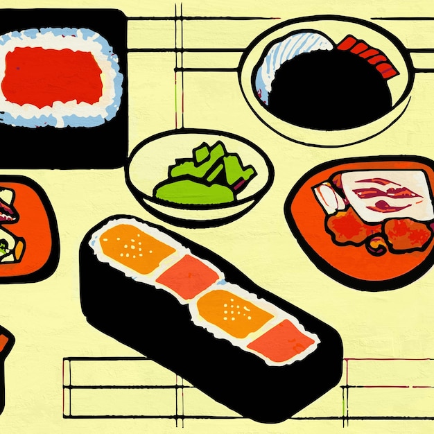 Colorida ilustración retro de la comida japonesa Yummy Sushi Lover Sushi Illustrated Art