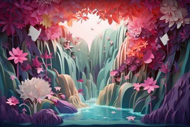 Una colorida ilustración de un río con una cascada y una flor rosa.