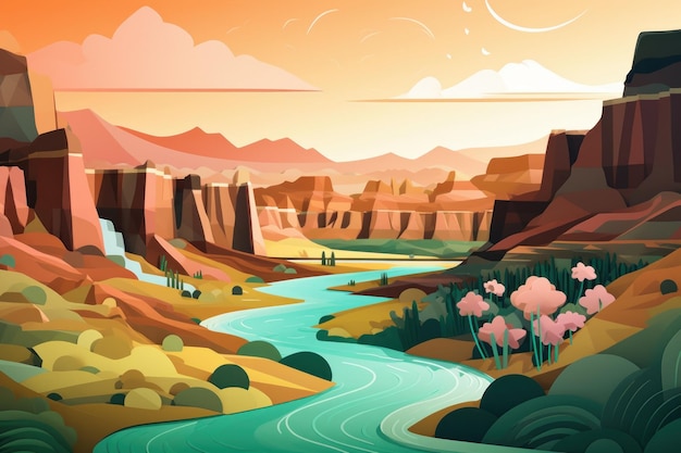 Una colorida ilustración de un río en el desierto.