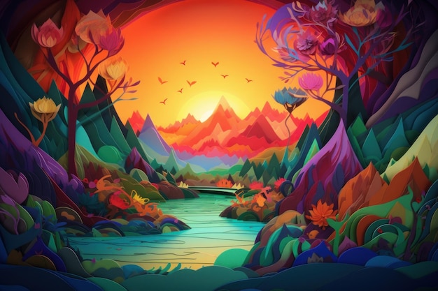 Una colorida ilustración de un río con montañas al fondo.