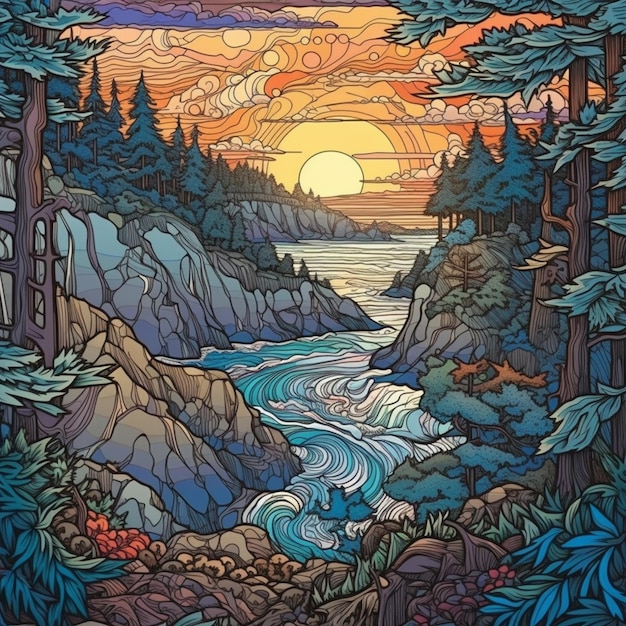 Una colorida ilustración de un río con una puesta de sol de fondo.