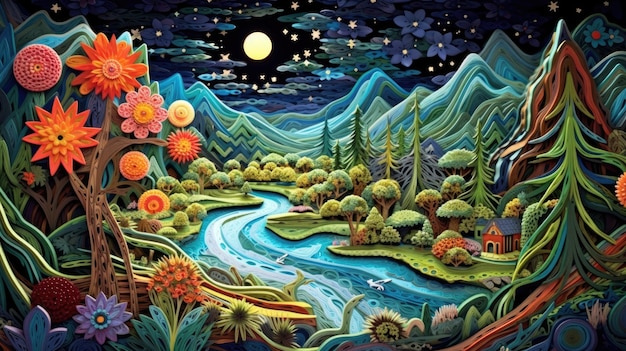 Una colorida ilustración de un río rodeado de montañas y árboles.