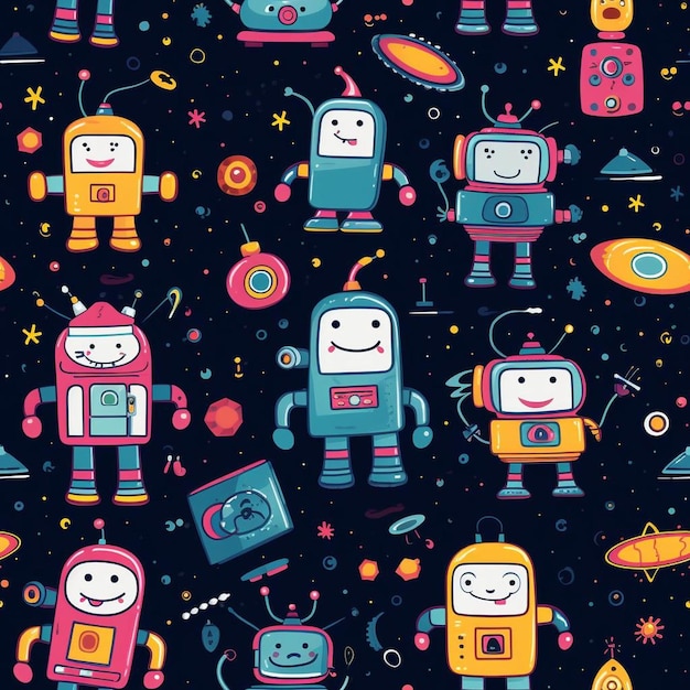 Una colorida ilustración de robots con fondo espacial.