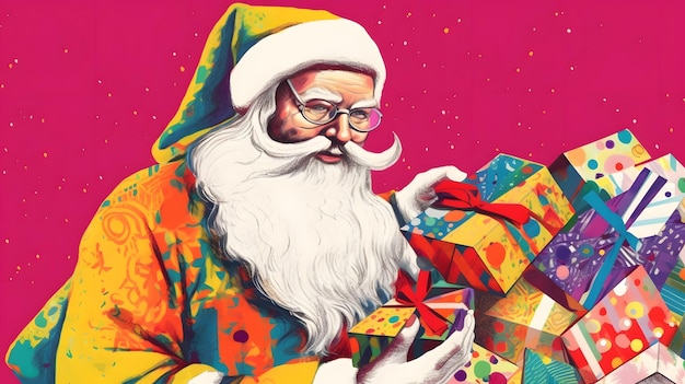 Una colorida ilustración de santa claus con una caja de regalo.