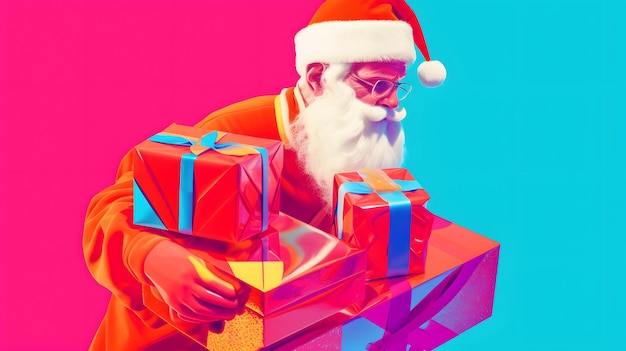 Una colorida ilustración de santa claus con una caja de regalo.