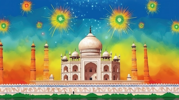 Una colorida ilustración de un taj mahal con un cielo lleno de estrellas.