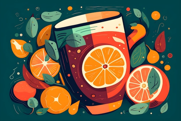 Una colorida ilustración de un vaso de jugo de naranja con hojas y naranjas.