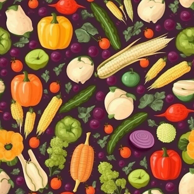 Una colorida ilustración de verduras sobre un fondo morado.