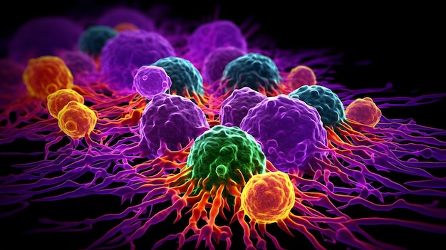 Una colorida ilustración de un virus.