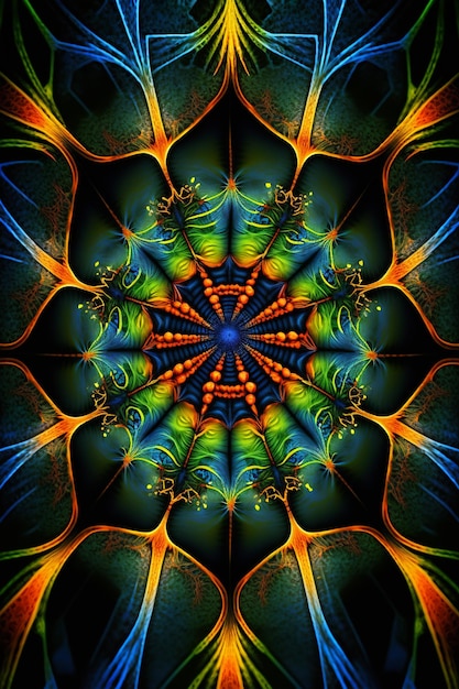 Una colorida imagen fractal de una flor con un fondo verde.