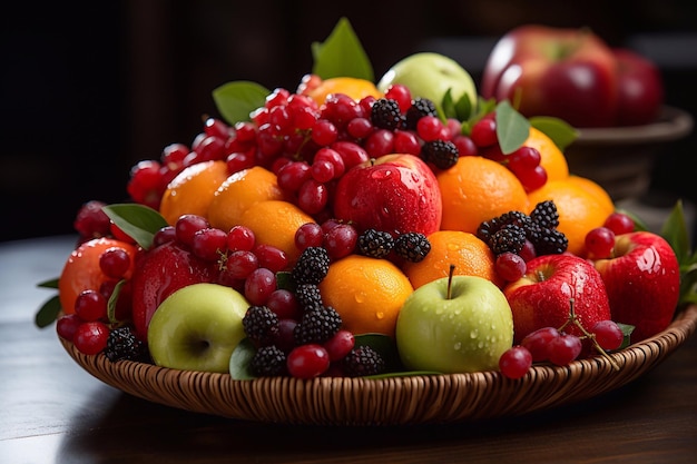 Colorida imagen en primer plano de una cesta de frutas pintada por la imaginación de la IA generativa