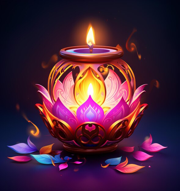 Colorida lámpara de velas Diwali sobre fondo oscuro