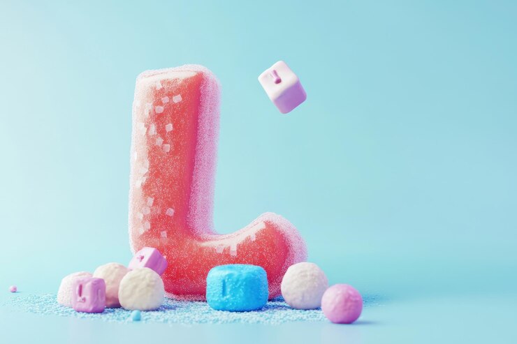 Foto una colorida letra l está hecha de caramelos y otros artículos pequeños