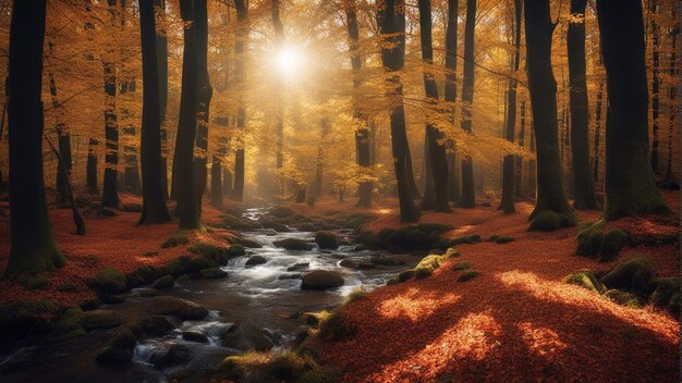 Una colorida y majestuosa cascada en el bosque del parque nacional durante el otoño