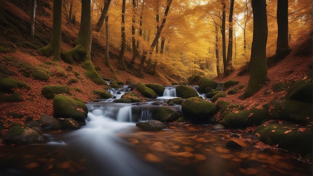 Una colorida y majestuosa cascada en el bosque del parque nacional durante el otoño