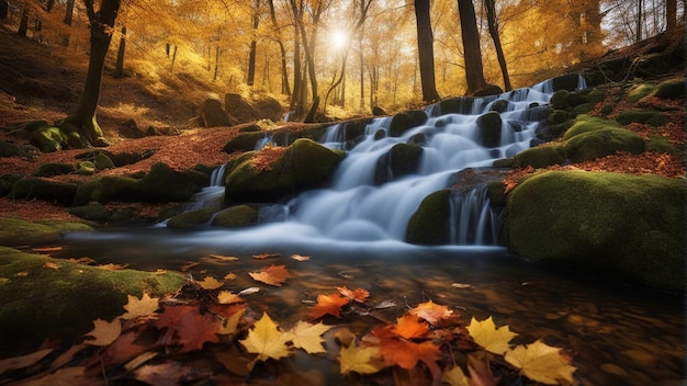 Una colorida y majestuosa cascada en el bosque del parque nacional durante el otoño