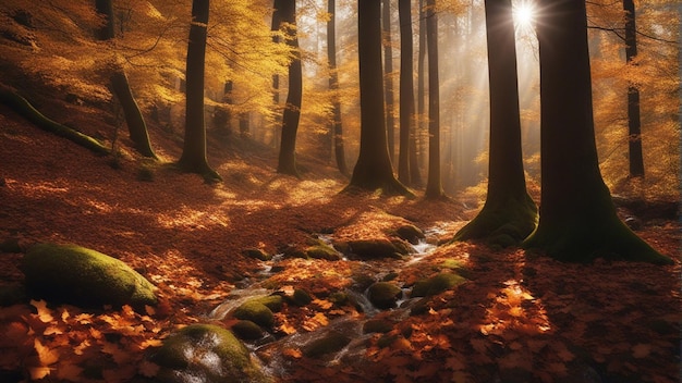 Una colorida y majestuosa cascada en el bosque del parque nacional durante el otoño