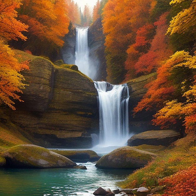 Foto colorida y majestuosa cascada en el bosque del parque nacional durante los otoños generada por ia