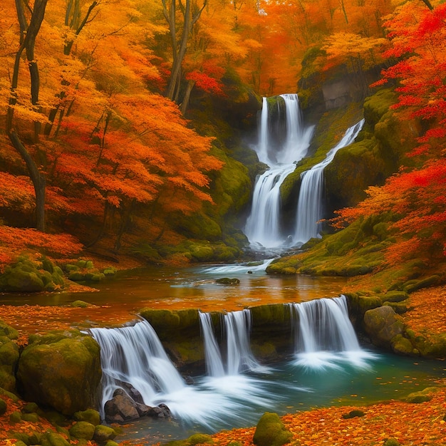 Foto colorida y majestuosa cascada en el bosque del parque nacional durante los otoños generada por ia