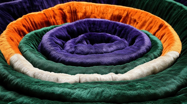 Foto colorida manta de peluche enrollada en el estudio disparado textil textura de fondo borroso