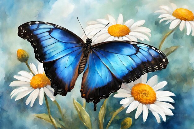 colorida mariposa morfo tropical azul en delicadas flores de margarita pintadas