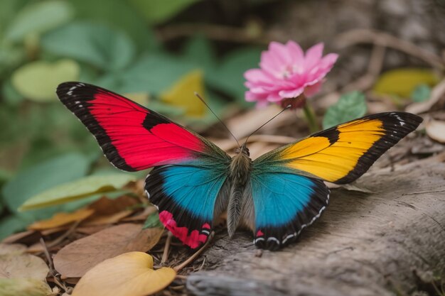 Foto colorida mariposa morpho en la flor de purslane naranja brillante en las gotas de rocío